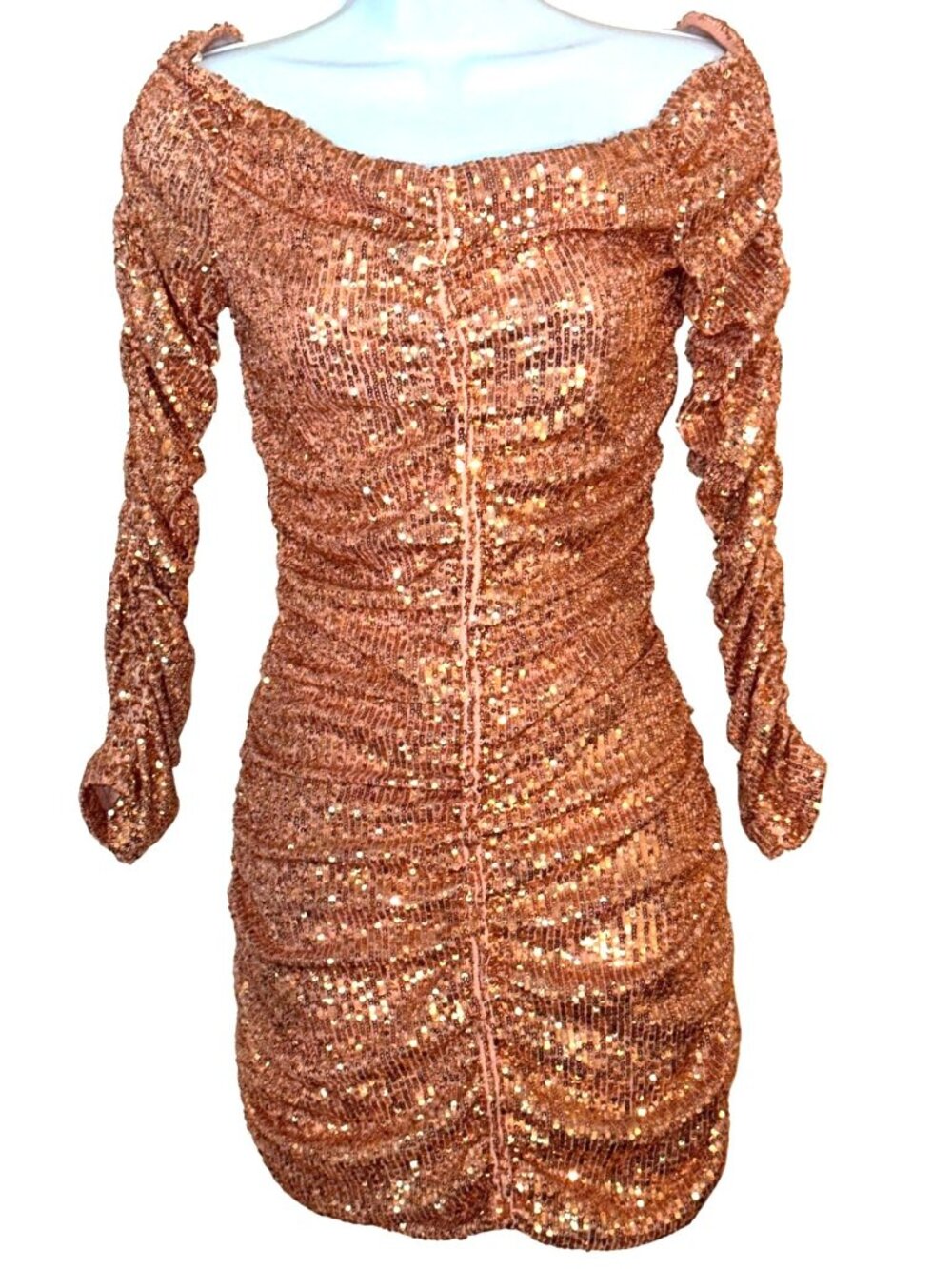 Zara Draped Sequin Mini Dress XS Rose Gold Bodycon Shimmering Bardot Soiree